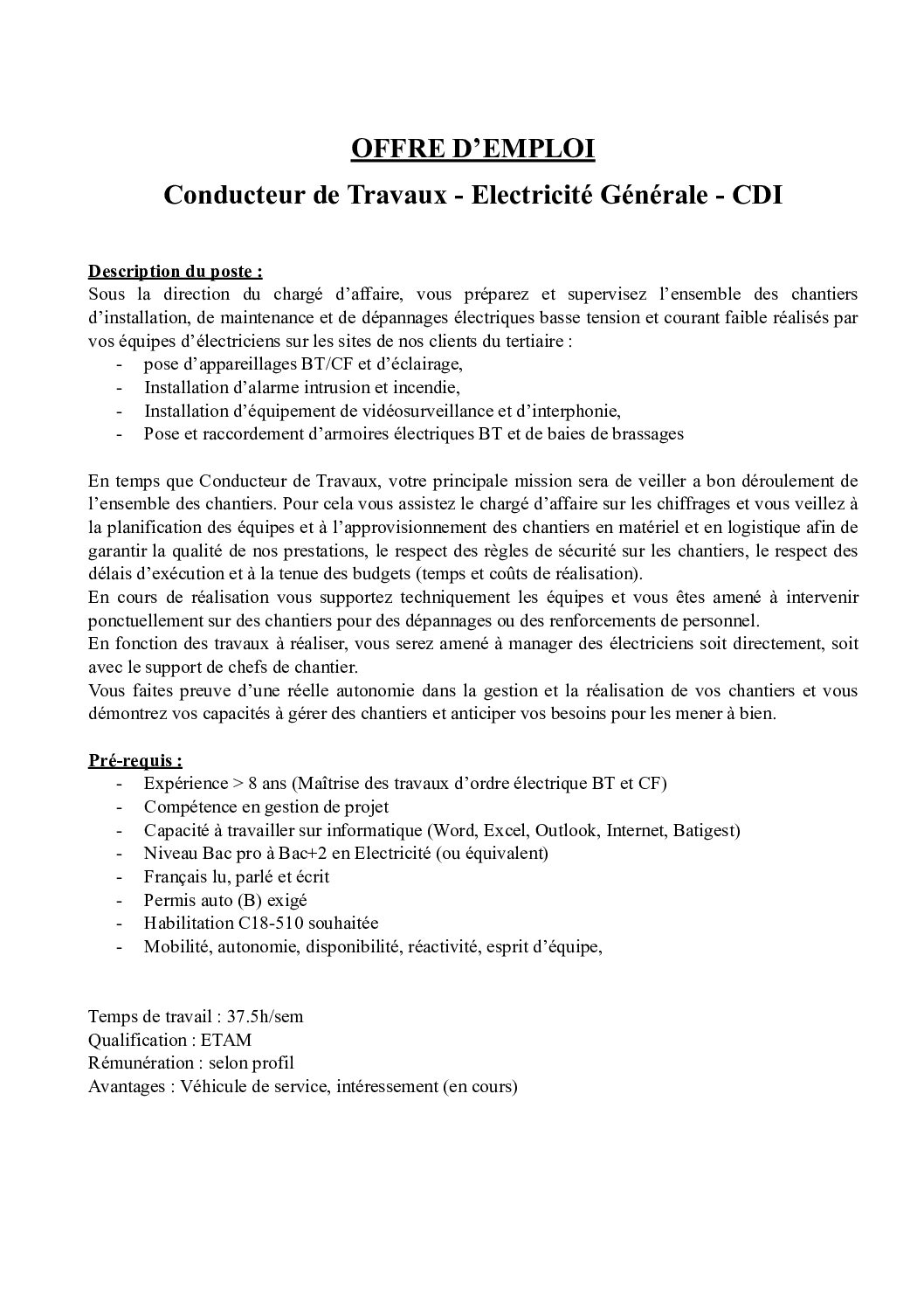 Offre Conducteur De Travaux - Conseil Organisation PME Normandie